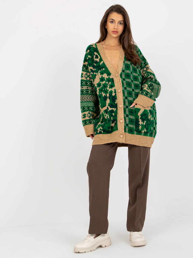 Sweter rozpinany zielony casual dekolt w kształcie V rękaw długi długość długa kieszenie guziki