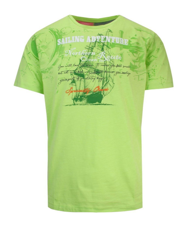 T-Shirt Męski Zielony, Neonowy z Nadrukiem w Żaglówkę, Krótki Rękaw, Koszulka, U-neck