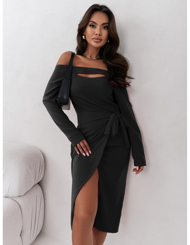 Elegancka sukienka z ozdobnym wiązaniem EMINE - czarna