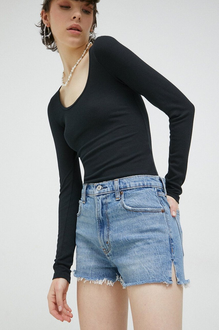 Abercrombie & Fitch szorty jeansowe damskie kolor niebieski gładkie high waist