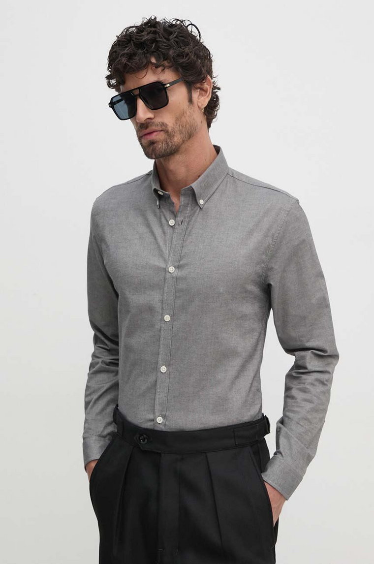 Lindbergh koszula męska kolor szary slim z kołnierzykiem button-down 30-203174