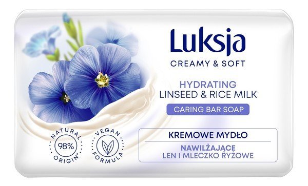 Luksja Creamy & Soft, Nawilżające kremowe mydło w kostce Len & Mleczko Ryżowe 90g