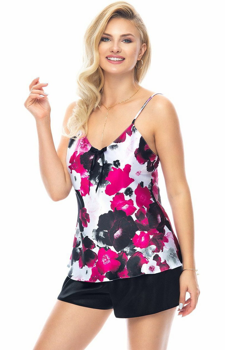Satynowa piżama damska koszulka na ramiączkach spodenki Azra I, Kolor różowy-wzór, Rozmiar S, Irall