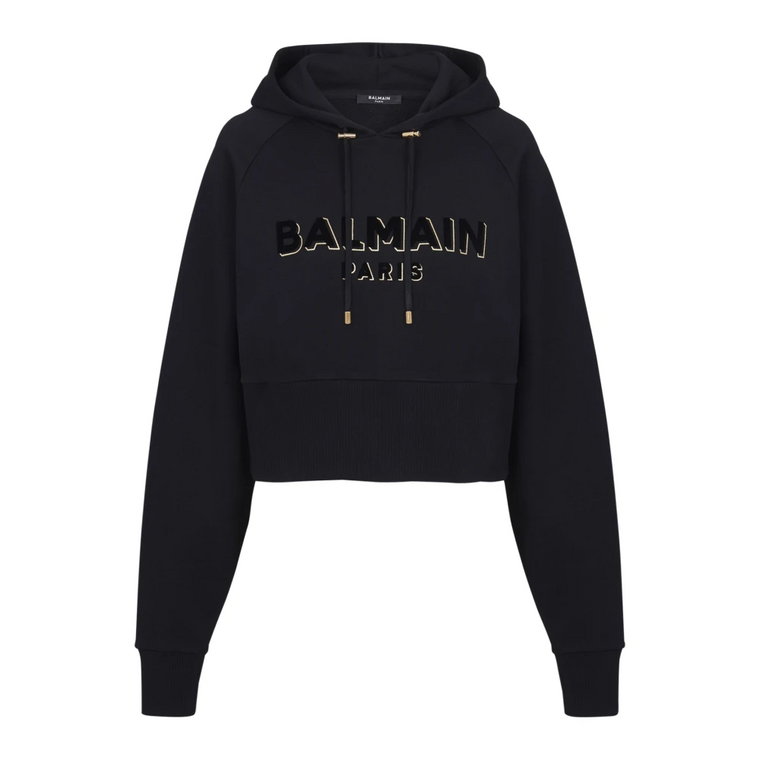 Przycięty bawełniany sweter z flokowanym metalicznym logo Balmain