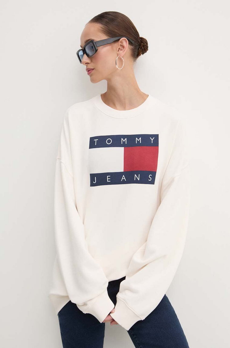 Tommy Jeans bluza bawełniana damska kolor beżowy z nadrukiem DW0DW18623