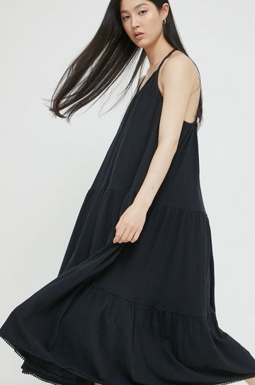 Superdry sukienka z domieszką lnu kolor czarny midi rozkloszowana