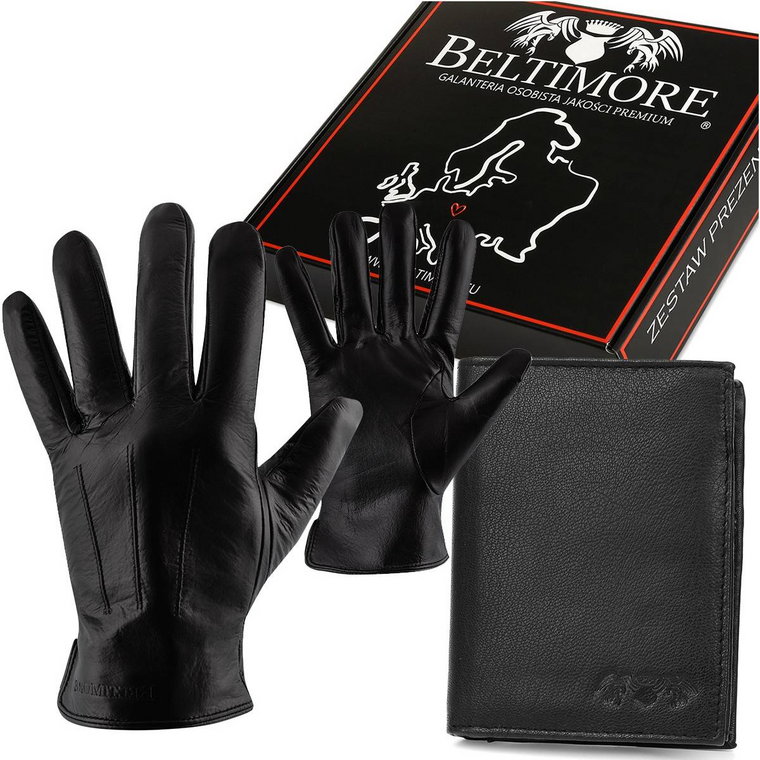Zestaw męski skórzany portfel pionowy rękawiczki czarne Beltimore czarny S/M