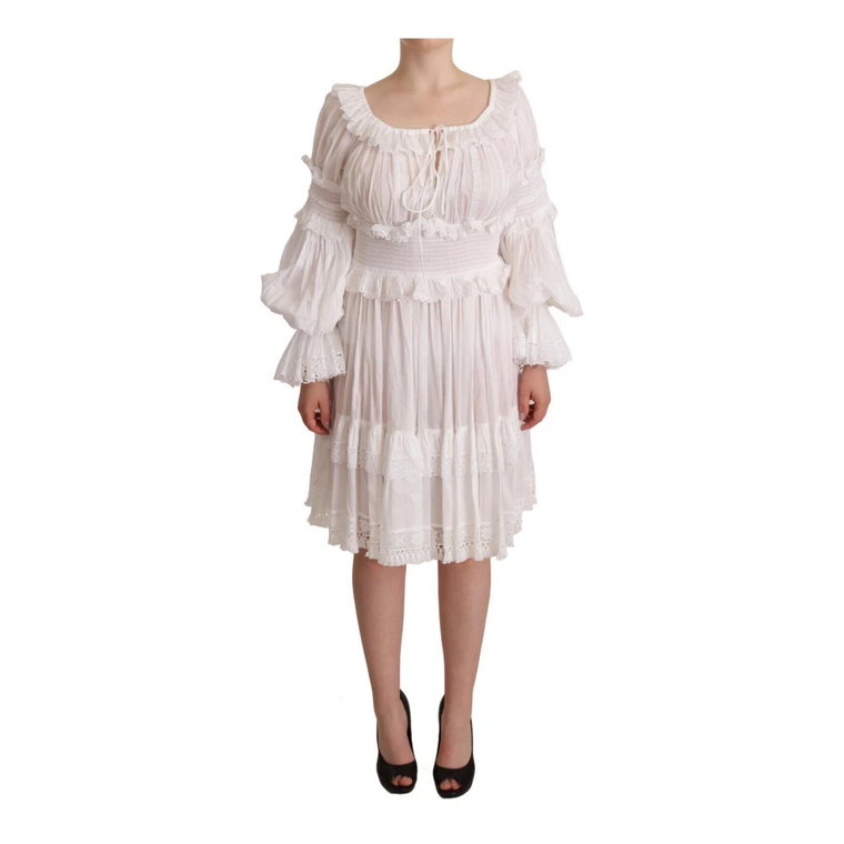 White Cotton Frilled Mousseline Off Shoulder Dress Dolce & Gabbana