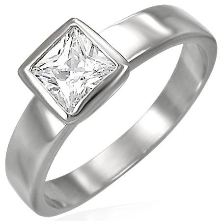 Stalowy pierścionek srebrnego koloru, bezbarwna kwadratowa cyrkonia w oprawie - Rozmiar : 48
