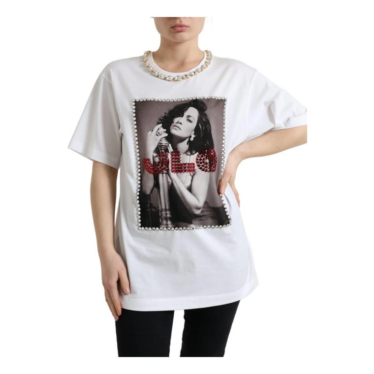 Kryształowo zdobiona koszulka z nadrukiem Dolce & Gabbana