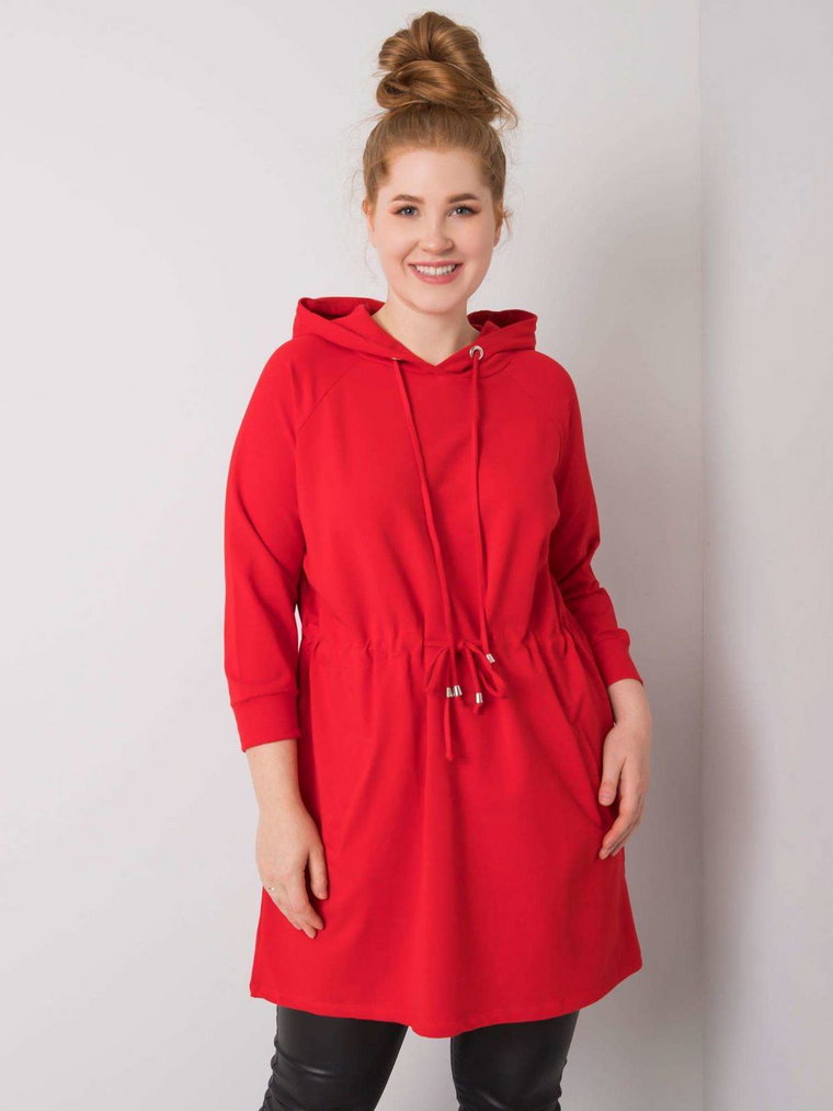 Bluza plus size czerwony casual wkładane przez głowę z kapturem dekolt okrągły rękaw długi