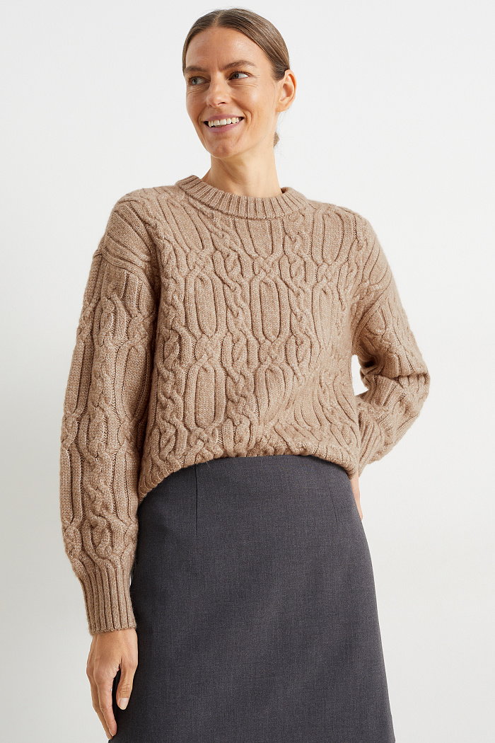 C&A Sweter z wzorem warkocza, Brązowy, Rozmiar: XL
