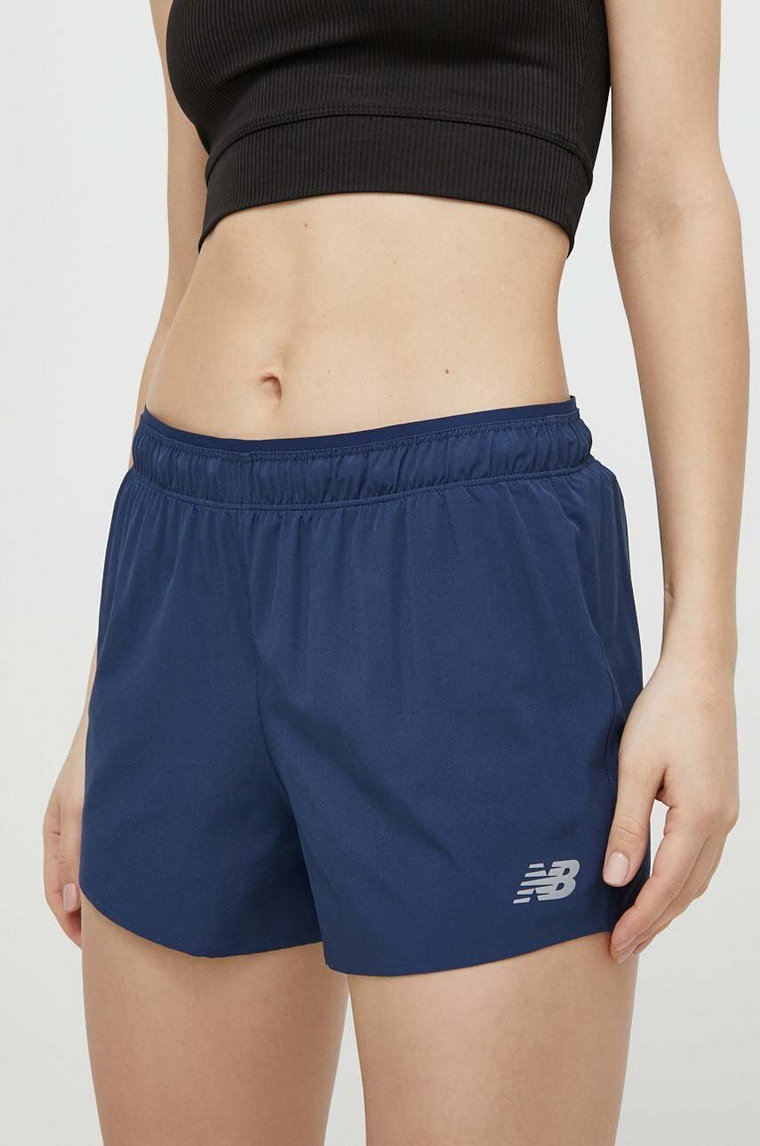 New Balance szorty do biegania WS41286NNY kolor niebieski gładkie high waist WS41286NNY