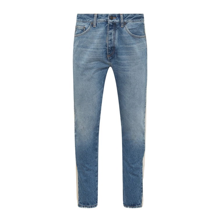 Obcisłe niebieskie jeansy z efektem vintage i kremowymi/beżowymi paskami bocznymi Palm Angels