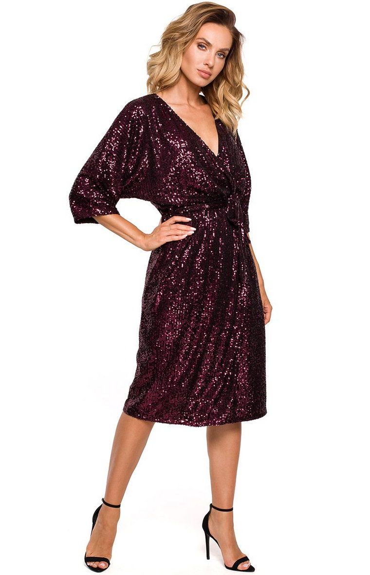 Sukienka midi z cekinami i rozcięciem w kolorze winnym M653, Kolor winny, Rozmiar L, MOE