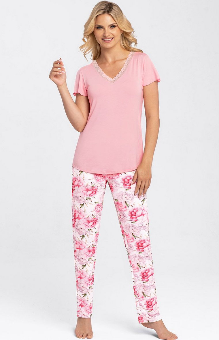 Romantyczna piżama damska z długimi spodniami Tiffany, Kolor różowy-wzór, Rozmiar S, Babella
