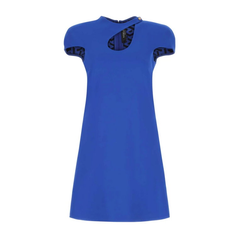 Mini elektryczna sukienka z elastycznego krepu w elektrycznym niebieskim Versace