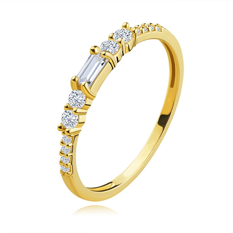 Złoty 585 pierścionek z żółtego złota - prostokątne i okrągłe przezroczyste cyrkonie - Rozmiar : 49