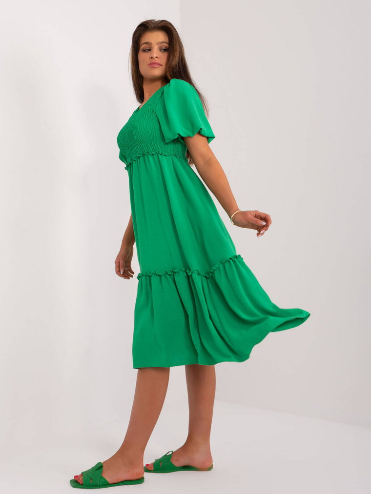 Sukienka z falbaną zielony codzienna letnia dekolt okrągły rękaw krótki długość midi marszczenia bufiasty rękaw falbana