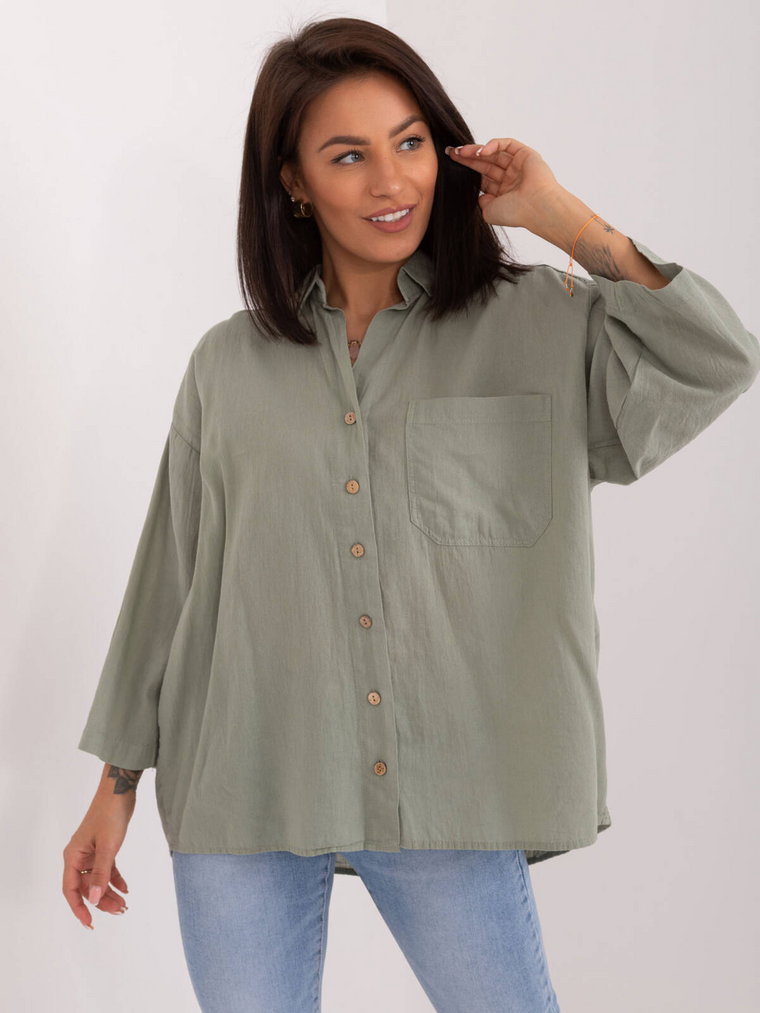 Koszula oversize khaki casual casualowa dekolt w kształcie V kołnierzyk rękaw 3/4 kieszeń