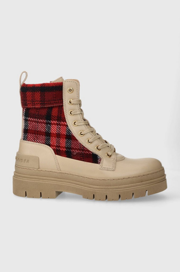 Tommy Hilfiger botki FEMININE TARTAN LACE UP BOOTIE damskie kolor beżowy na płaskim obcasie FW0FW07670