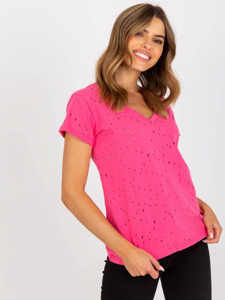 T-shirt jednokolorowy ciemny różowy casual dekolt w kształcie V rękaw krótki dziury