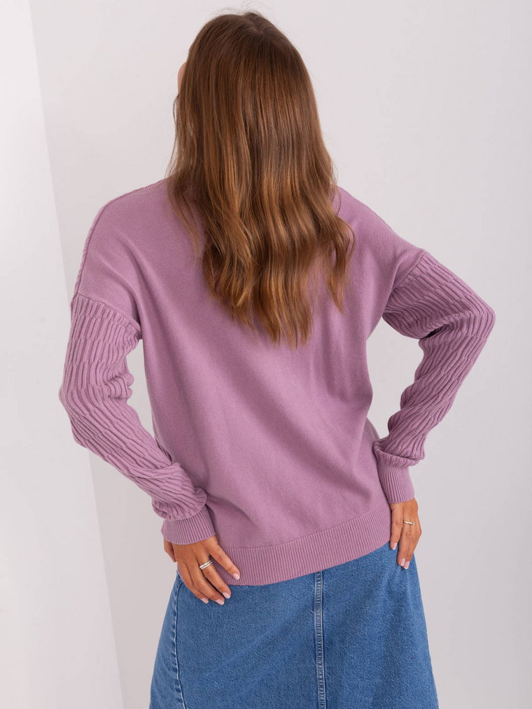 Sweter klasyczny jasny fioletowy casual dekolt okrągły rękaw długi