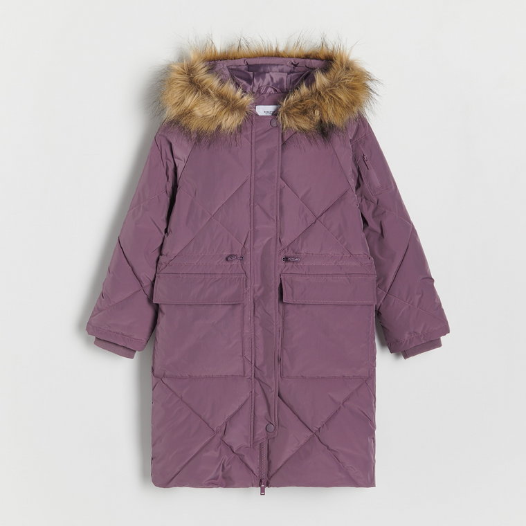 Reserved - Pikowany płaszcz ze sztucznym futrem - fioletowy