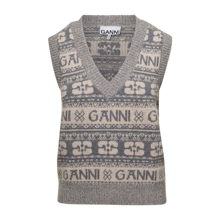 Szare Swetry z Logo Wool Mix Vest Ganni