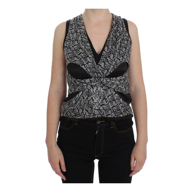 Gray Black Silk Blouse Top Karl Lagerfeld