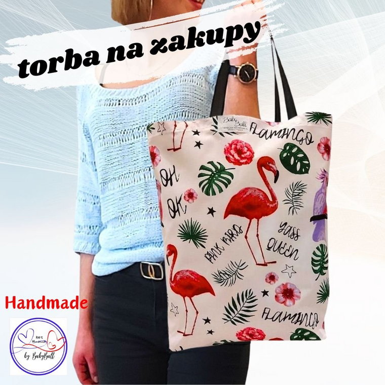 Torba na zakupy bawełniana siatka kolorowa shopperka HANDMADE - FLAMINGI I PAPUGI