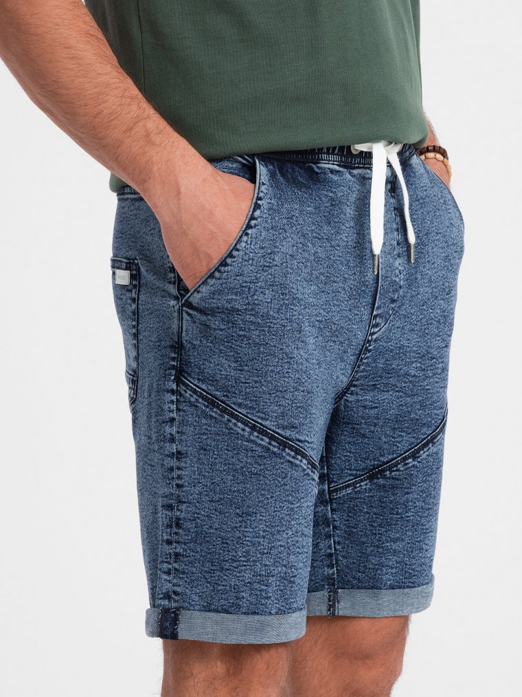 Podwinięte męskie krótkie spodenki jeansowe z przeszyciami  ciemnoniebieskie V3 OM-SRDS-0101