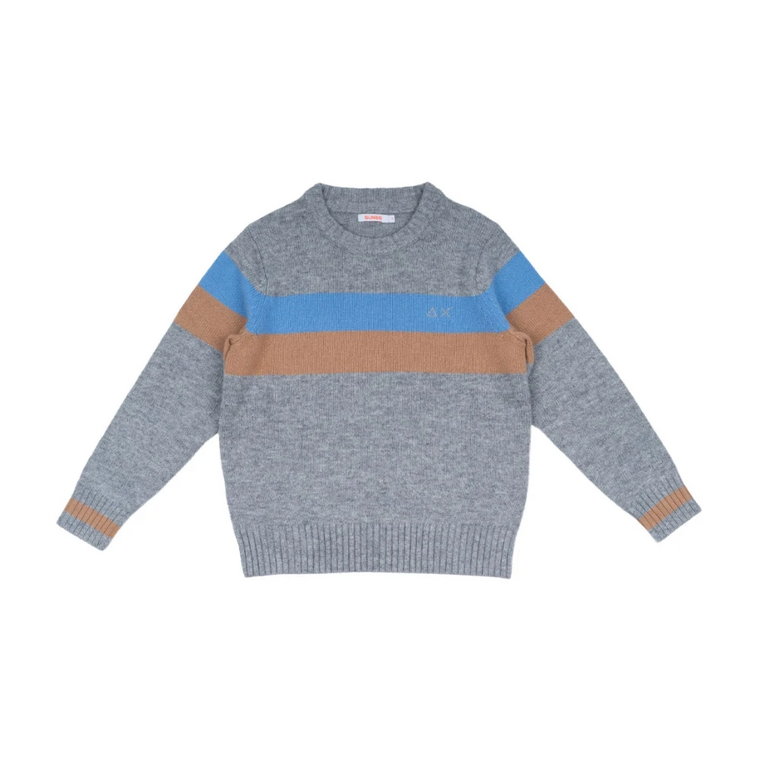 Jasnoszara sweter z wełny merino z niebieskim i karmelowym paskiem Sun68