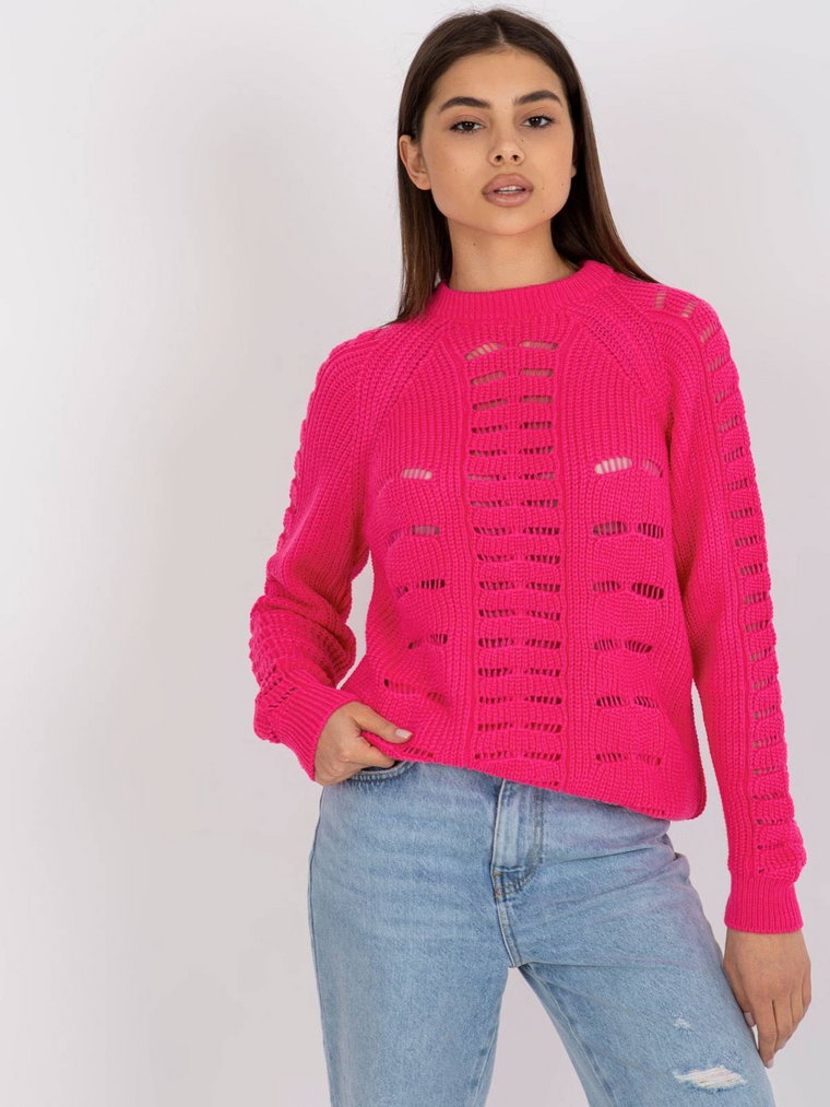 Sweter oversize fluo różowy casual ażurowy dekolt okrągły rękaw długi długość długa