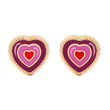 Kolczyki serca z fioletową i różową emalią, 9 mm, pozłacane