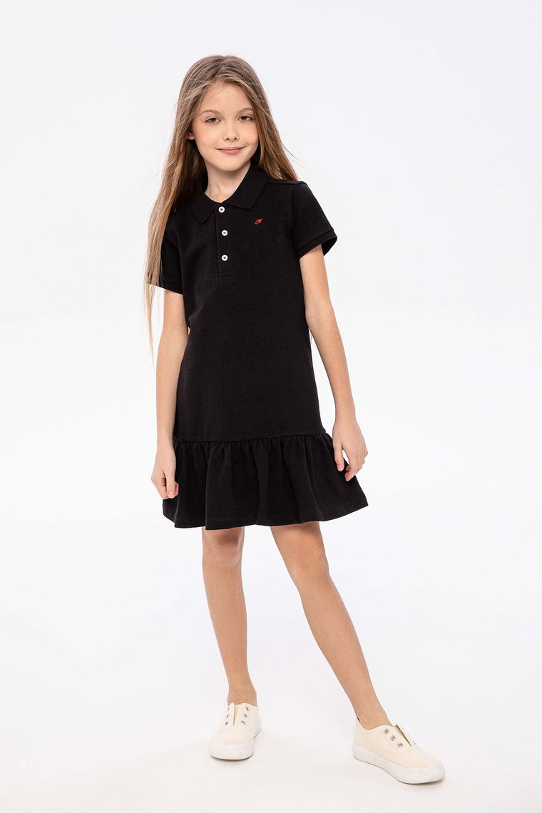 Czarna sukienka polo z krókim rękawem dla dziewczynki