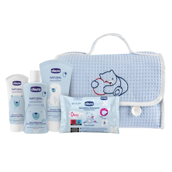 Chicco Natural Sensation Baby Cosmetic Set zestaw płyn do mycia ciała i włosów 200ml + balsam do ciała 150ml + krem do pieluszki 4w1 100ml + chusteczki nawilżane 16szt