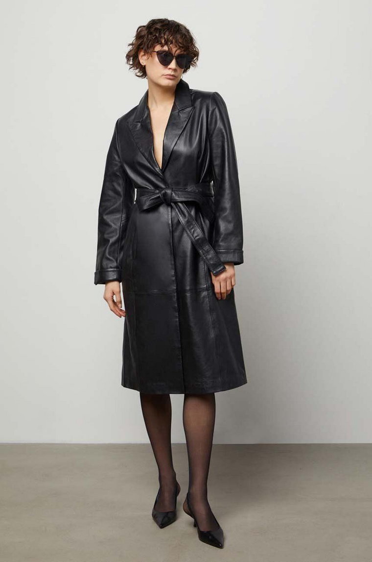 Answear Lab płaszcz skórzany damski kolor czarny przejściowy