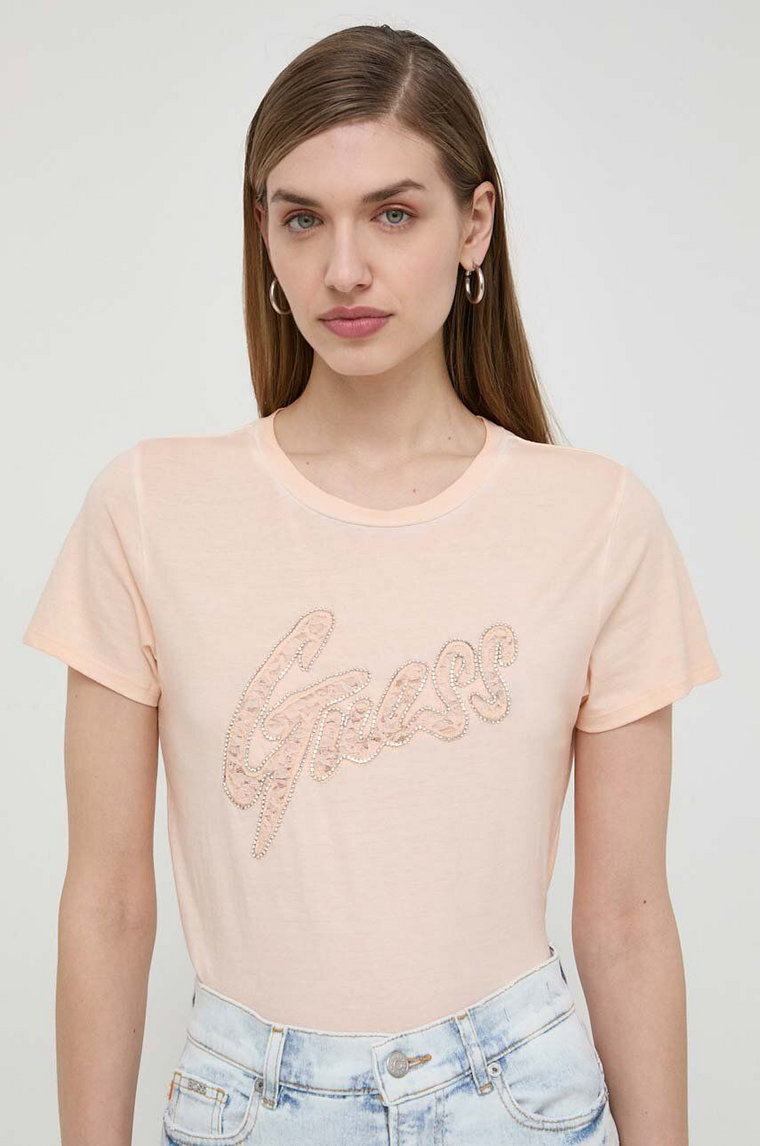 Guess t-shirt bawełniany damski kolor pomarańczowy W4RI25 K9RM1