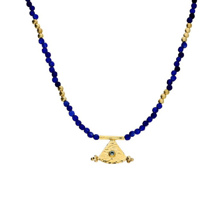 Naszyjnik srebrny pozłacany z niebieskimi agatami i trójkątem nr EM-13-2 szafir próba 925