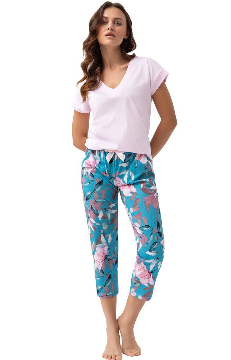 Bawełniana piżama damska w kwiaty 637, Kolor turkusowo-różowy, Rozmiar M, Luna