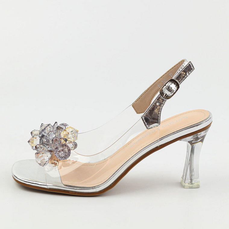 Srebrne silikonowe sandały damskie na szpilce z kryształami, transpare