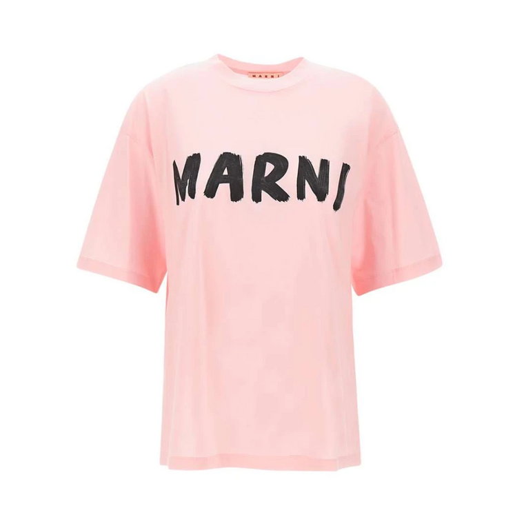 Różowa damska koszulka z organicznej bawełny z czarnym logo Marni