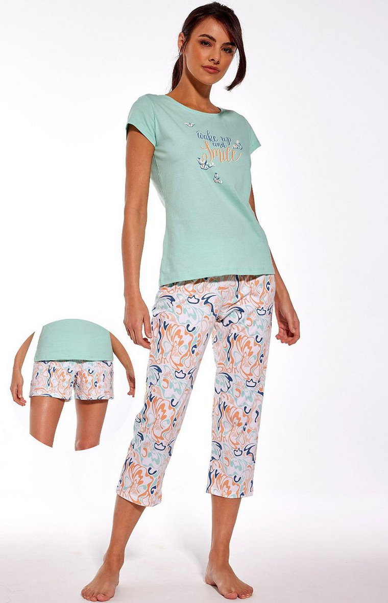 Trzyczęściowa piżama damska 665/280 Wake Up, Kolor zielony-wzór, Rozmiar S, Cornette