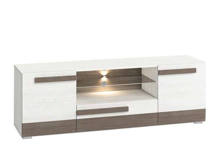 Szafka RTV SARPA *biały/brązowy, 165x55x42, Płyta laminowana 16mm| Szkło hartowane