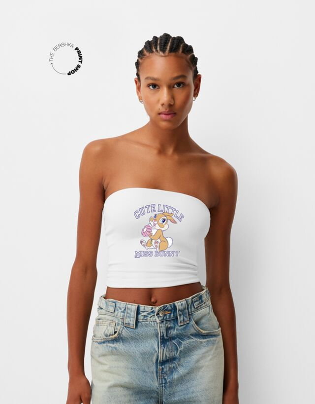 Bershka Top Bandeau Z Motywem Z "Bambi" Kobieta Xl Biały