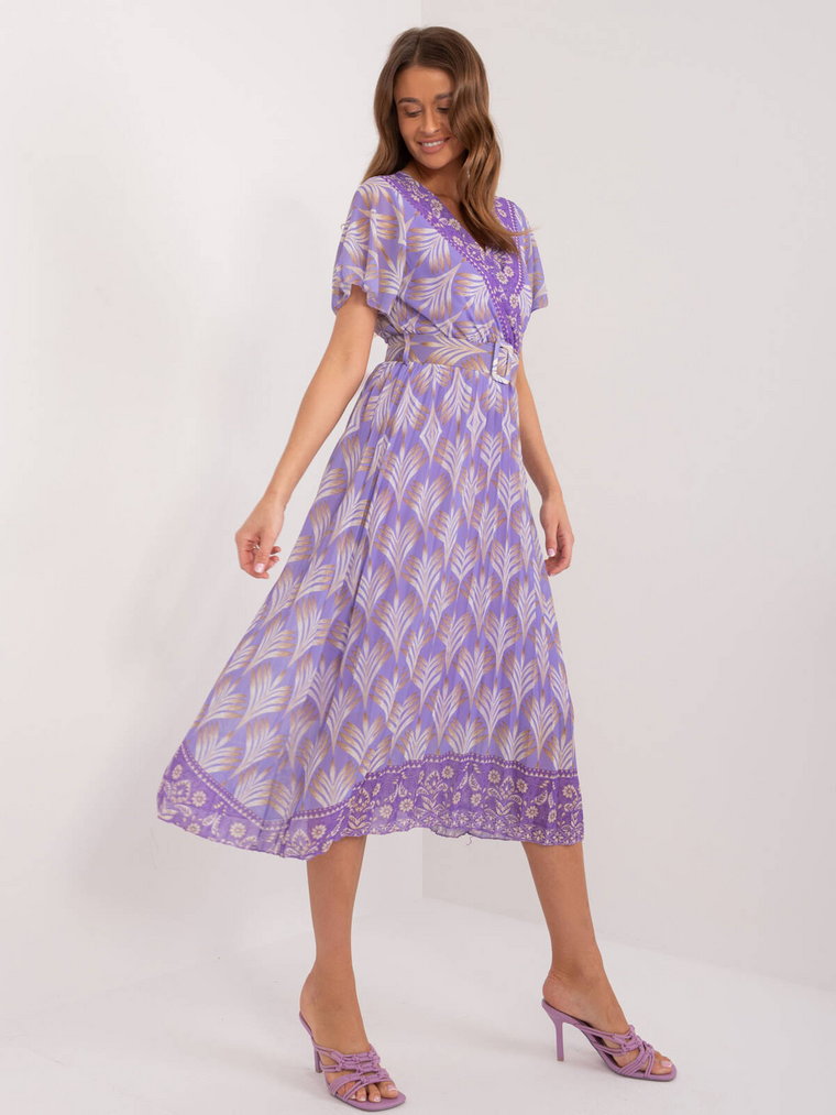 Sukienka z printem fioletowy codzienna dekolt w kształcie V rękaw krótki długość midi pasek