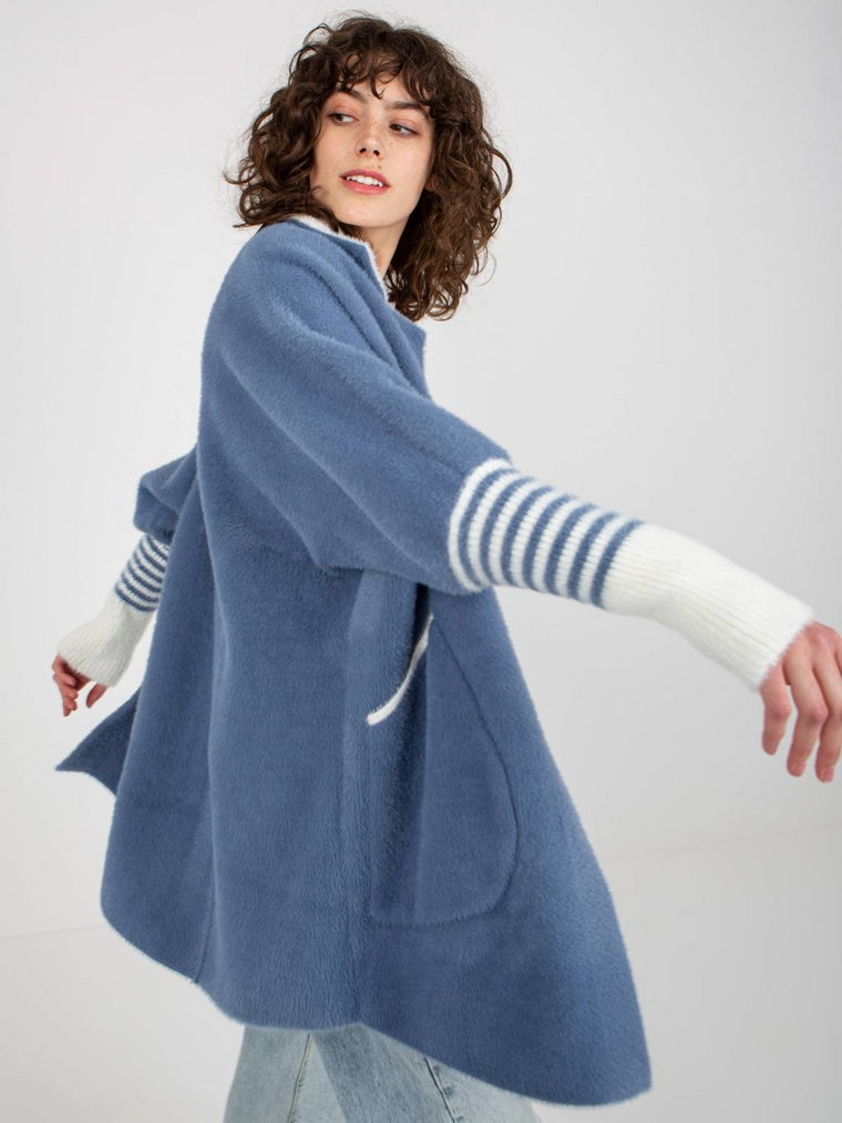 Płaszcz ciemny niebieski casual alpaka rękaw długi kieszenie klapy zatrzask