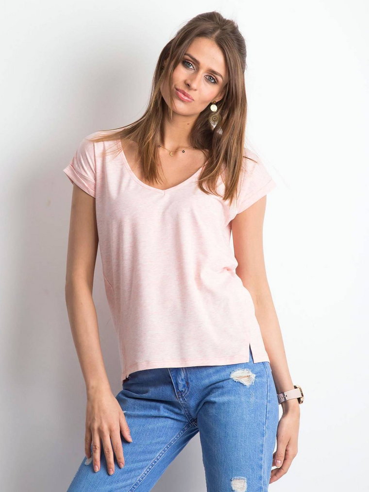 T-shirt jednokolorowy jasny różowy casual dekolt w kształcie V rękaw krótki