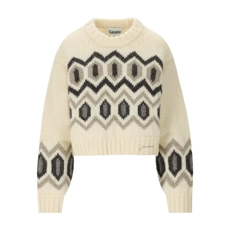 Kremowy Sweter Crop z Wzorem Ganni